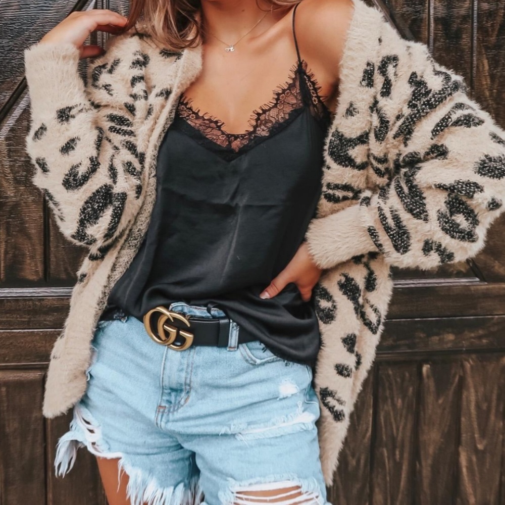 Oversized fuzzy leopard print cardigan sweater